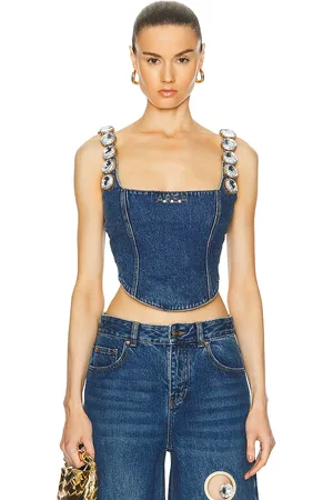 AREA Jumbo Crystal Denim Corset Top in - Denim-Medium. Size 0 (also in ).