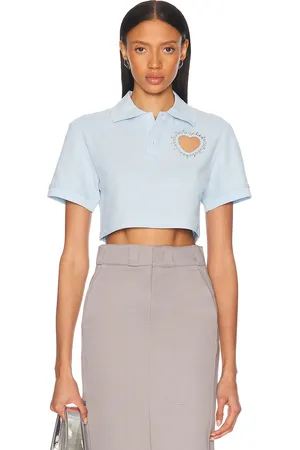 AREA Crystal Heart Cutout Cropped Polo Top in - . Size L (also in XS, S, M, XL).