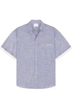 Le PÈRE Le Pre Double Short Sleeve Button Down in - Blue. Size L (also in S, M, XL/1X).