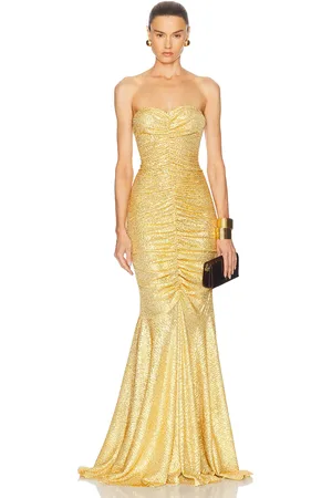 Norma Kamali Strapless Shirred Front Fishtail Gown in - Metallic Gold. Size L (also in M, S, XS).