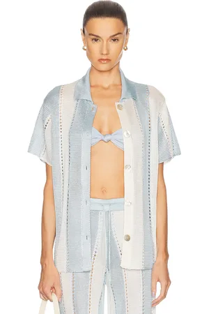 Calle Del Mar Cabana Stripe Short Sleeve Shirt in - Baby Blue. Size M (also in S).