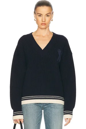 Ami Ribbed V Neck Sweater in - Navy. Size L (also in S, M).
