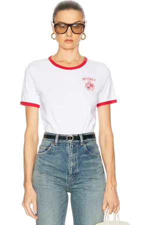 Sporty & Rich Beverly Hills Crest Soft Ringer Tee in - White. Size L (also in XS, S, M, XL).