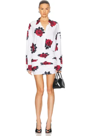 Norma Kamali Oversized Boyfriend Shirt Shirred Bottom Mini Dress in - White,Red. Size L (also in M, S, XL, XS).