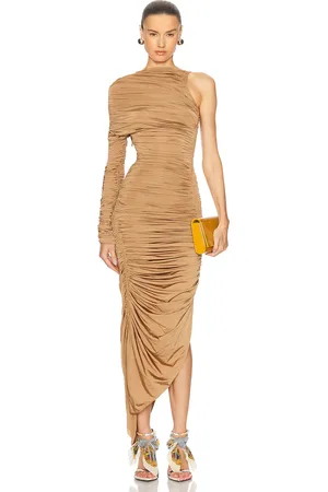 MUGLER One Shoulder Mesh Dress in - Tan. Size 34 (also in 36, 40, 42).