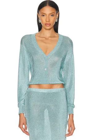 SER.O.YA Moni Metallic Cardigan Top in - Baby Blue. Size L (also in M, S, XL, XS).