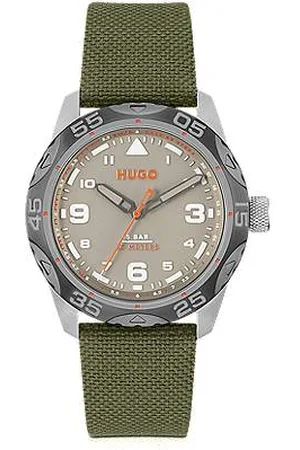 HUGO BOSS Grey-dial watch with green fabric strap