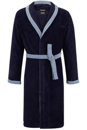 HUGO BOSS Navy cotton-velvet dressing gown with embroidered logo