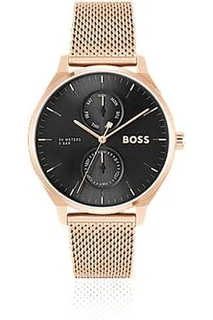 HUGO BOSS Black-dial watch with carnation- -tone mesh bracelet