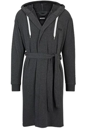 HUGO BOSS Charcoal hooded dressing gown with logo-print sleeves