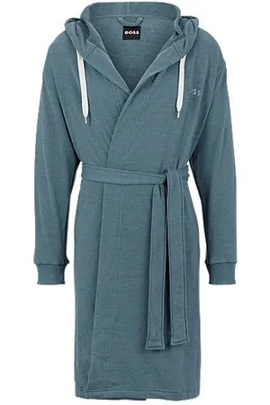 HUGO BOSS Hooded blue dressing gown with logo-print sleeves