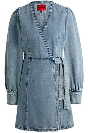 HUGO BOSS Ocean-blue wrap dress in rigid denim