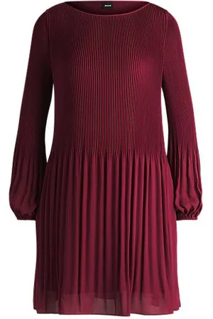 HUGO BOSS Regular-fit dress with plissé pleats and crew neckline