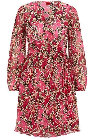HUGO BOSS Plissé wrap dress in floral print with elasticised cuffs