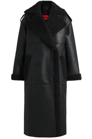 HUGO BOSS Oversized-fit faux-leather coat with faux-fur trims