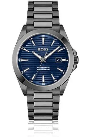 HUGO BOSS Grey-plated watch with blue ridged dial