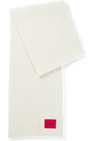 HUGO BOSS Ribbed wool-blend scarf with red logo label