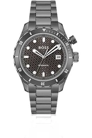 HUGO BOSS Grey-plated automatic watch with monogram-textured dial - Ramadan Edit
