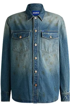 HUGO BOSS Loose-fit shirt in blue denim with used effects