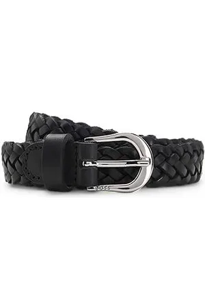 HUGO BOSS Woven-leather belt with polished silver-tone buckle