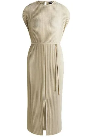 HUGO BOSS Belted sleeveless dress in high-shine plissé - Ramadan Edit