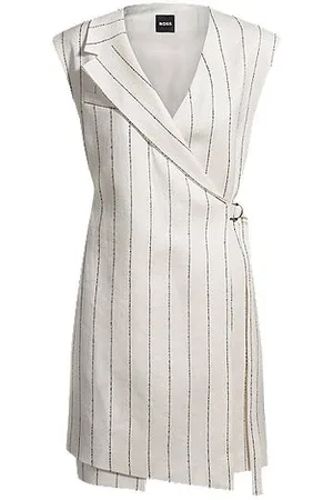 HUGO BOSS Wrap-front dress in a pinstripe linen blend