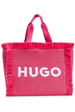 HUGO BOSS Logo-embroidered raffia-effect tote bag with fringe trims