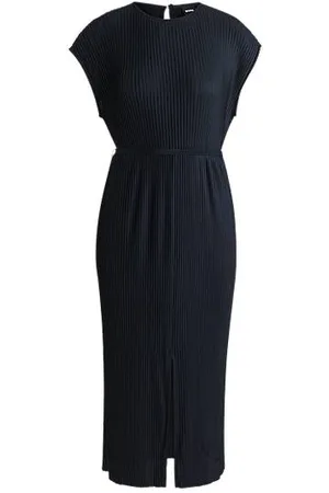 HUGO BOSS Belted sleeveless dress in high-shine plissé