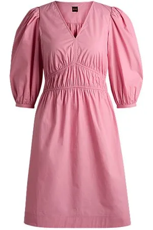 HUGO BOSS V-neck dress in cotton poplin with ruched waist