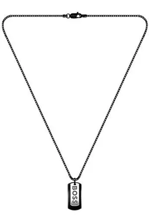 HUGO BOSS Black-steel necklace with double-tag logo pendant