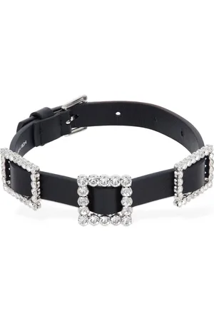 Alessandra Rich Leather Choker W/ Crystal Buckles