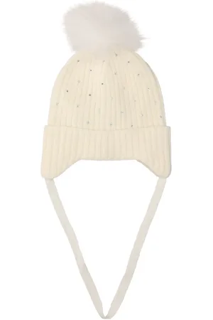 MONNALISA Embellished Wool Hat W/ Faux Fur Pompom