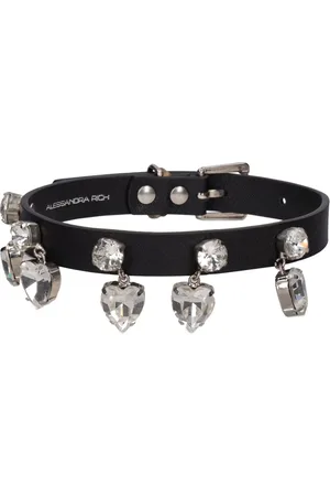Alessandra Rich Leather Choker W/ Heart Pendants