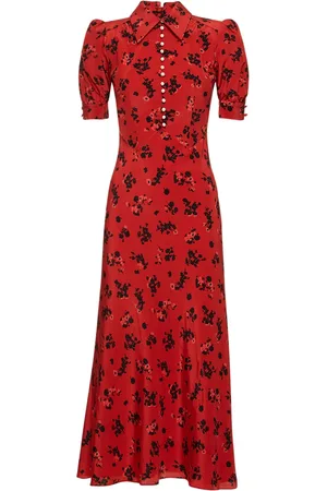 Alessandra Rich Printed Silk Short Sleeve Long Dress