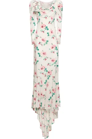 Alessandra Rich Rose Printed Silk Maxi Dress W/ Appliqué