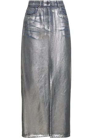 Msgm Silver-coated Cotton Denim Long Skirt