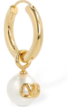 VALENTINO GARAVANI Faux Pearl & V Logo Hoop Mono Earring