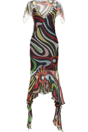 Puccini Chiffon Marmo Print Ruffle Midi Dress