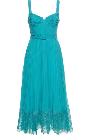 Self-Portrait Pleated Chiffon Midi Dress W/lace