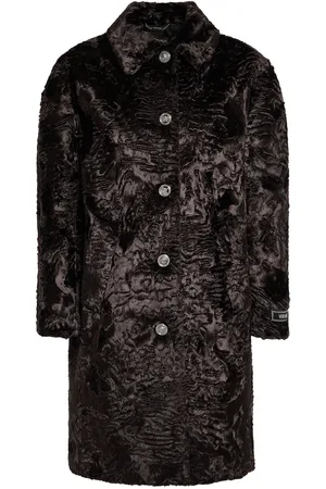 VERSACE Astrakan Faux Fur Logo Detail Coat
