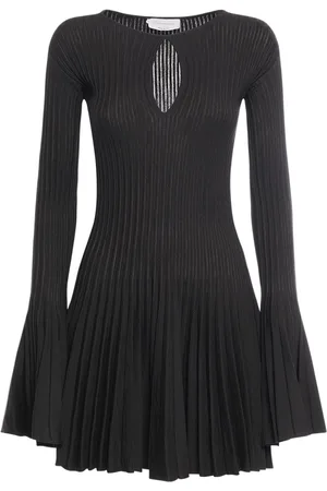 BLUMARINE Pleated Wool Knit Long Sleeve Mini Dress