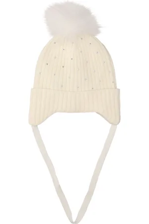 MONNALISA Embellished Wool Hat W/ Faux Fur Pompom