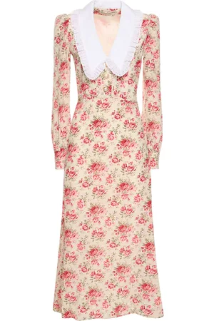 Alessandra Rich Printed Silk Twill Midi Dress W/ Collar