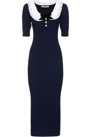 Alessandra Rich Cotton Blend Knit Midi Dress W/ Collar