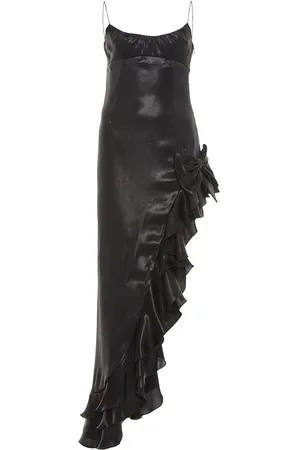 Alessandra Rich Laminated Satin Long Dress W/side Ruffle