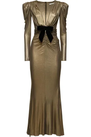 Alessandra Rich Laminated Ruched Cady V-neck Midi Dress
