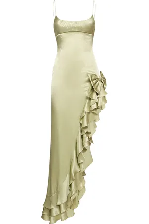 Alessandra Rich Silk Satin Long Dress W/ Side Ruffle