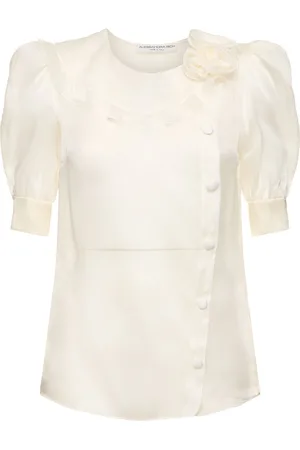 Alessandra Rich Silk Organza Blouse W/ Rose Appliqués