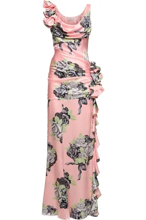 Alessandra Rich Rose Print Silk Satin Evening Dress