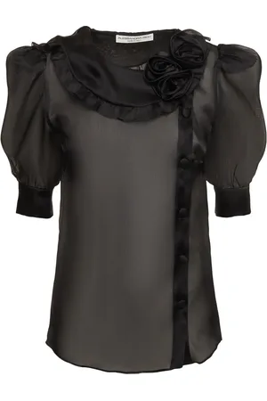 Alessandra Rich Silk Organza Blouse W/ Rose Appliqués